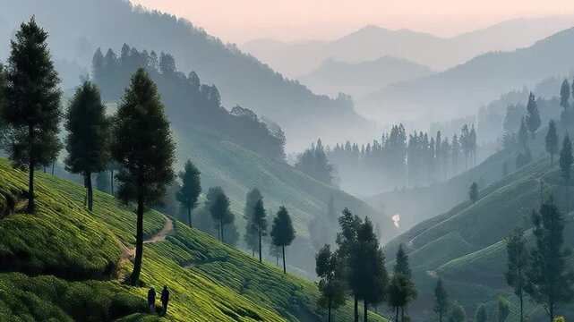 Misty mountain tea plantation landscape