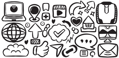 A collection of hand drawn technology and digital communication icons in black and white doodle style