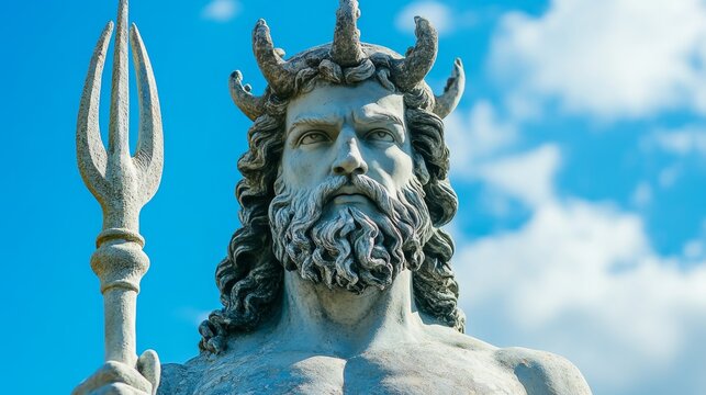 Majestic Statue of Poseidon, the Greek God of the Sea, Against a Bright Blue Sky with Clouds