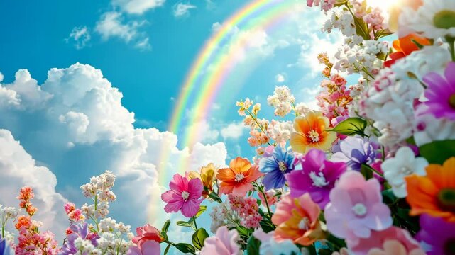Rainbow stretches across blue sky above a vibrant field of multicolored blooming flowers in bright daylight, symbolizing hope, joy, and springtime