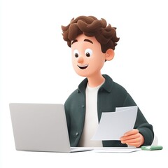 Young man happily reviewing documents while working on a laptop in a bright, modern workspace