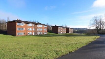 Suburban apartment blocks set against expansive grassy lawn and bright blue sky creating a tranquil residential neighborhood view