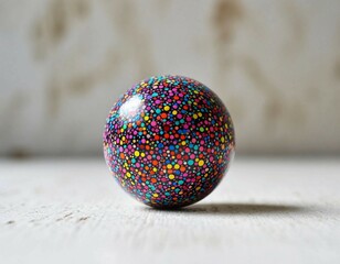A vibrant, colorful, and artistic sphere sitting on a wooden surface, a visual treat for the eye