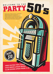 Jukebox graphic vintage music party poster design. Retro sign with colorful jukebox image. Music vector illustration.
