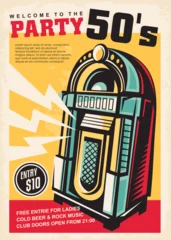 Jukebox graphic vintage music party poster design. Retro sign with colorful jukebox image. Music vector illustration. © lukeruk