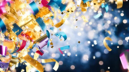 Multicolored confetti pieces burst through the air against a vibrant glowing background, representing celebration, party, and New Year atmosphere