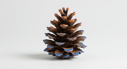 Close up of a pine cone with orange and blue paint on the tips of the scales over a white background