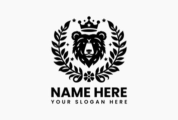 Cute cartoon bear wearing a golden crown with decorative flowers in colorful vector logo design, symbolizing warmth, strength, and charm for family-friendly branding  