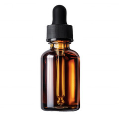 Amber glass dropper bottle mockup for essential oils and serum products on transparent background
