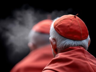 Cardinals in traditional vestments stand solemnly as white smoke rises, symbolizing ritual, secrecy, and Catholic tradition in a reverent space.