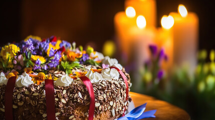 Traditional Slovenian potica cake with festive ribbons, glowing candlelight, alpine wildflowers; celebrating national pride and heritage.