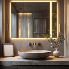 Fototapeta premium Mockup poster frame on modern bathroom vanity with stone sink, illuminated mirror, minimalist decor
