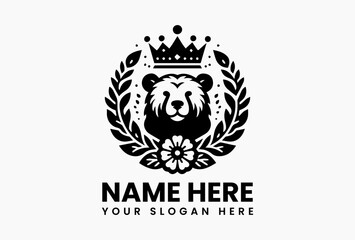 Cute cartoon bear wearing a golden crown with decorative flowers in colorful vector logo design, symbolizing warmth, strength, and charm for family-friendly branding  