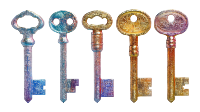 A collection of vintage keys showcasing intricate designs and colors. transparent background