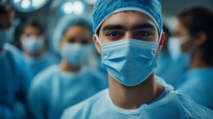 Focused medical professional in a surgical team setting.