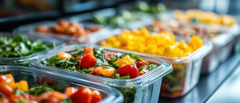 Pre-packaged salads containing fresh vegetables arranged in clear plastic containers offer convenience and a healthy eating choice.