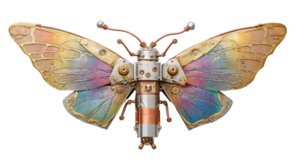 A stunning steampunk butterfly with metallic details and vivid colors. transparent background