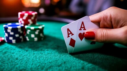 Close-up of poker player revealing two aces on a green table in dramatic lighting - Powered by Adobe