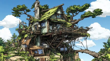 Naklejka premium Whimsical enchanted treehouse nestled in nature foliage background with bridge and blue sky for magical story illustrations