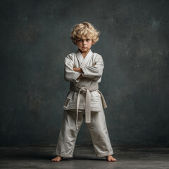 A young boy wearing a karate outfit, standing with his arms crossed and looking at the camera, full-body shot, dark grey background,