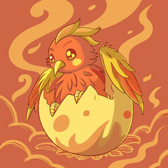 Tiny phoenix emerging from a fiery egg, surrounded by smoke—symbol of rebirth and myth in vivid digital art.