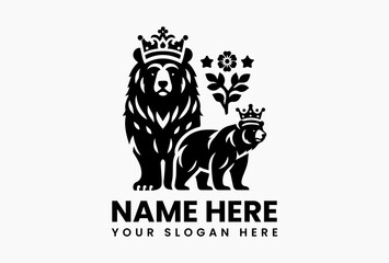 Vintage bear head with ornate crown and botanical flower embellishments in detailed vector logo, symbolizing wild strength, nobility, and heritage elegance  