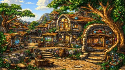 Obraz premium Enchanting village illustration with lush greenery, charming architecture, and a touch of fantasy nestled in a vibrant environment