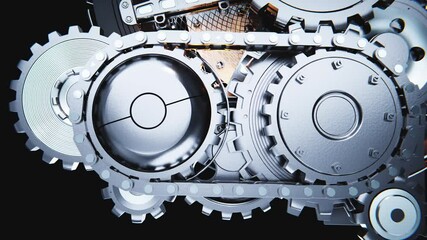 Metallic cogwheels engaging and rotating, showcasing industrial mechanics in motion