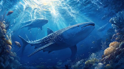 Fototapeta premium Whale Shark Underwater Scene Ocean Wildlife Coral Reef Marine Life