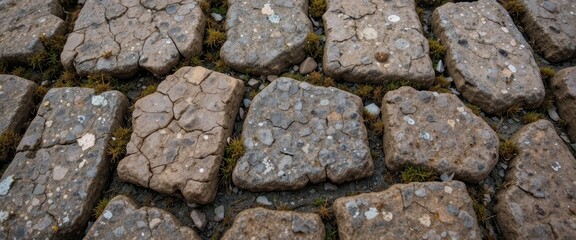 Obraz premium Close-Up of Weathered Stone Path Rustic Texture, Moss, and Lichen
