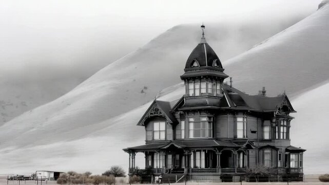 Antique house against gray mountains