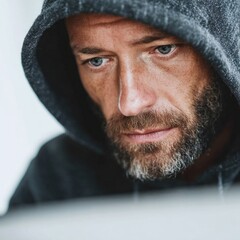 Focused man in a hoodie working on a laptop, with a soft background suggesting a cozy workspace
