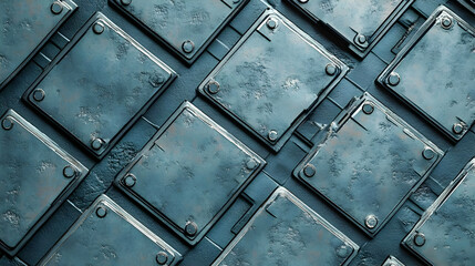 Close Up of Gray Metal Plates with Rivets and Geometric Pattern in Industrial Texture Background