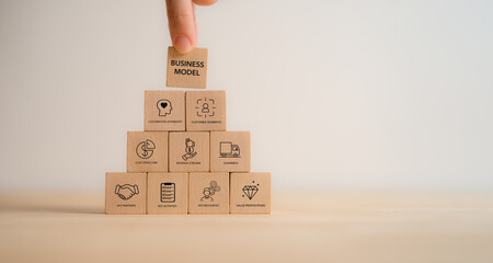 Business Model Canvas Concept. Business Model Canvas framework icons on wooden blocks. The key components and ideal for business planning and strategy development. Structure and foundational business.
