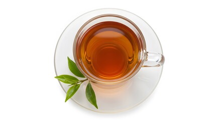 AI image capturing a top-down view of a clear glass cup filled with amber tea, placed on its saucer.