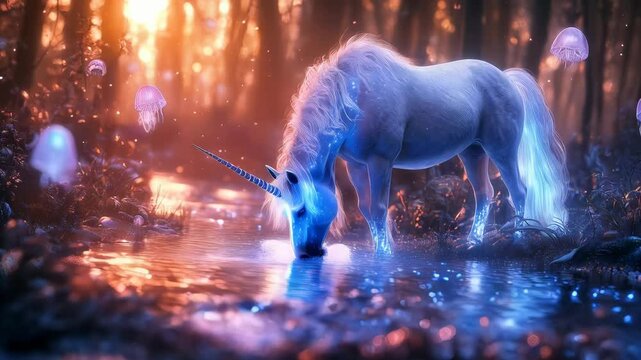 A glowing unicorn stands in shallow water in a forest while jellyfish float in the air around it.
Concept of fantasy creature, magical nature.