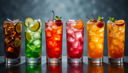 Refreshing assortment of colorful cocktails with citrus garnishes. Bright, vibrant drinks in tall glasses. Mint leaves, cherries, and ice cubes add a lively touch. Festive, summer-inspired elegance.