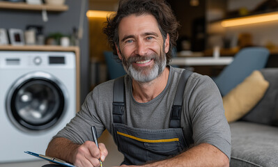 A smiling technician in overalls, sitting on the floor of an apartment, holds his left hand up in a thumbs-up gesture while writing notes with his right hand as he repairs a washin
