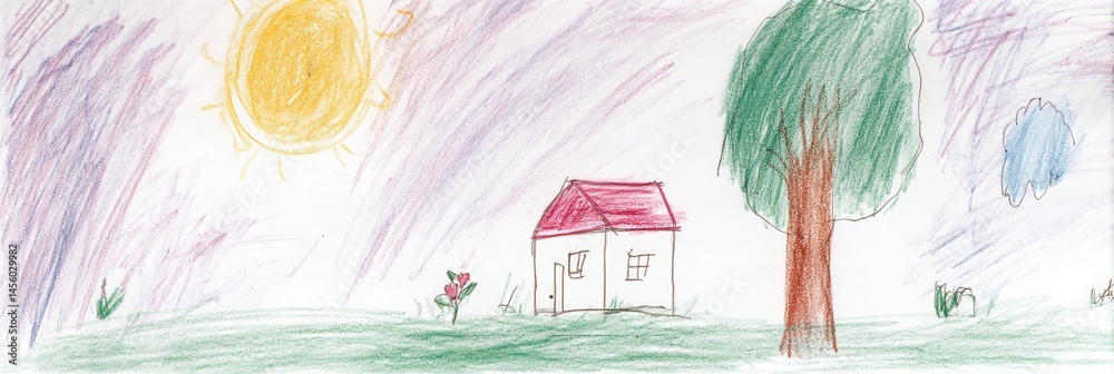 Aufkleber dreamy sketch of a colorful house, tree, and sun created by a child using crayon textures in a whims