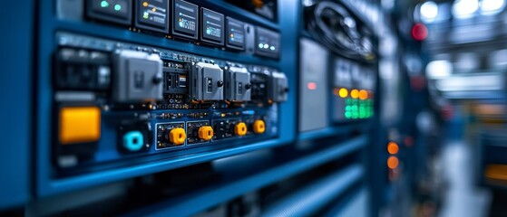 Fototapeta premium Control panel stands prominently showing numerous electronic components, connectors, and displays reflecting precision engineering.