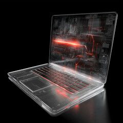 Malware prevention ransomware infrastructure. Endpoint vulnerability. Trojan detection. Spyware detection.  Zero-day detection. Transparent laptop with glowing red system core.