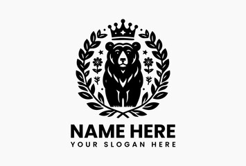 Fototapeta premium Vintage bear head with ornate crown and botanical flower embellishments in detailed vector logo, symbolizing wild strength, nobility, and heritage elegance 