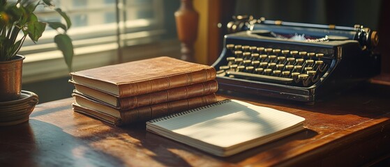 Vintage typewriter sits beside stacked leather-bound books plus notepad on wooden desk bathed in soft sunlight.