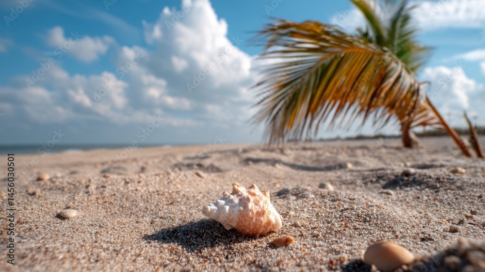 Poster a tranquil sandy beach stretches into the distance, adorned with various seashells scattered on the 