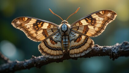 Naklejka premium Close-up of a Moth with Intricate Wing Patterns Resting on a Branch