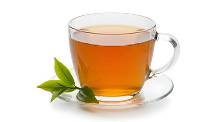 AI image presenting a side view of a transparent glass cup containing golden tea, resting elegantly on a saucer with leaves.