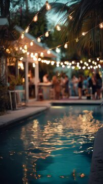 People are swimming in a pool during an evening party with string lights reflecting on the water.
Concept of social celebration, summer atmosphere. Vertical video