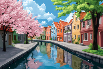 Obraz premium Cherry blossoms falling into a canal flowing through a picturesque town with colorful houses and lush trees in spring