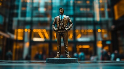 Bronze figurine of a businessman in a city setting.