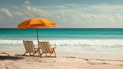 Two striped beach chairs sit under an orange umbrella on white sand facing the turquoise ocean.
Concept of seaside escape, summer relaxation.